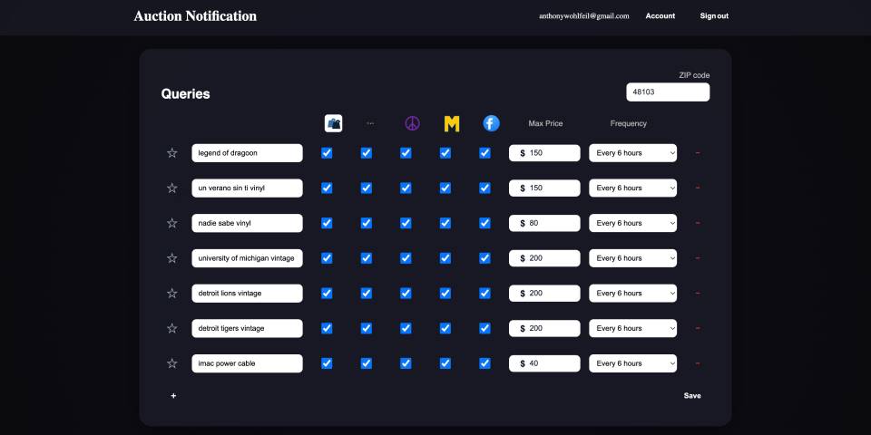 Auction notification search project preview